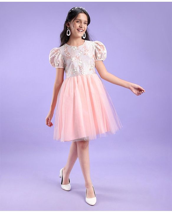 Pine Kids Half Sleeves Embroidered Knee Length Party Wear Dress - Peach