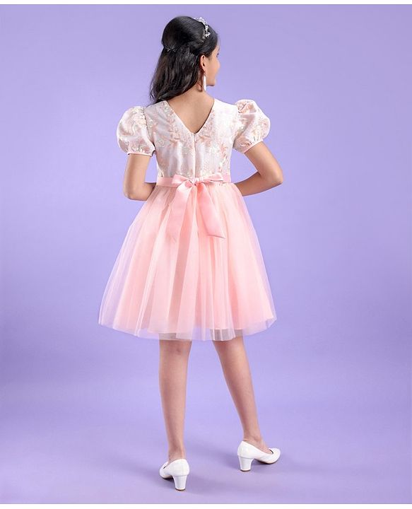Pine Kids Half Sleeves Embroidered Knee Length Party Wear Dress - Peach