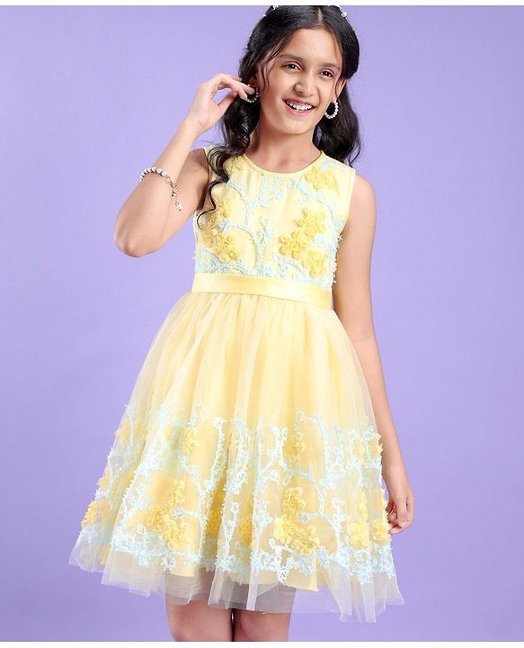 Pine Kids Sleeveless Knee Length Floral Embroidered Party Wear Dress - Yellow