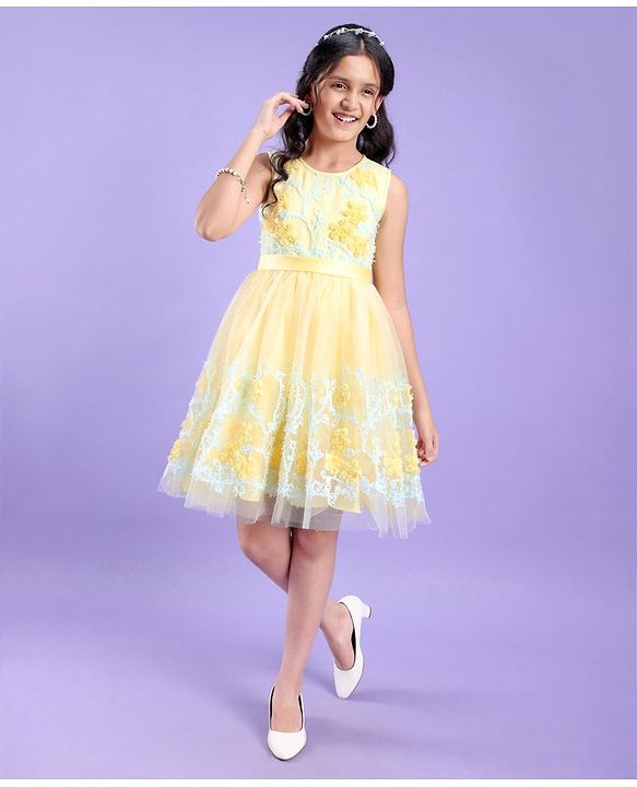 Pine Kids Sleeveless Knee Length Floral Embroidered Party Wear Dress - Yellow