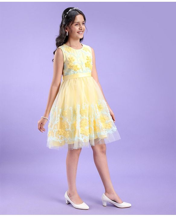 Pine Kids Sleeveless Knee Length Floral Embroidered Party Wear Dress - Yellow