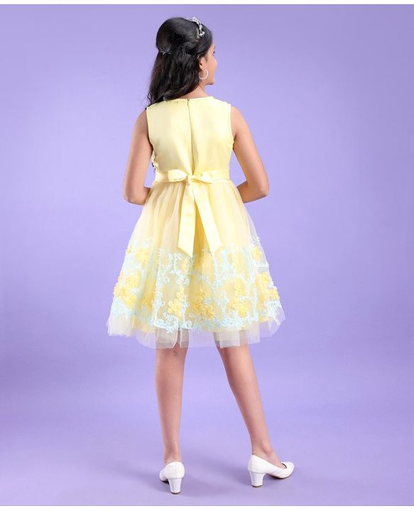 Pine Kids Sleeveless Knee Length Floral Embroidered Party Wear Dress - Yellow
