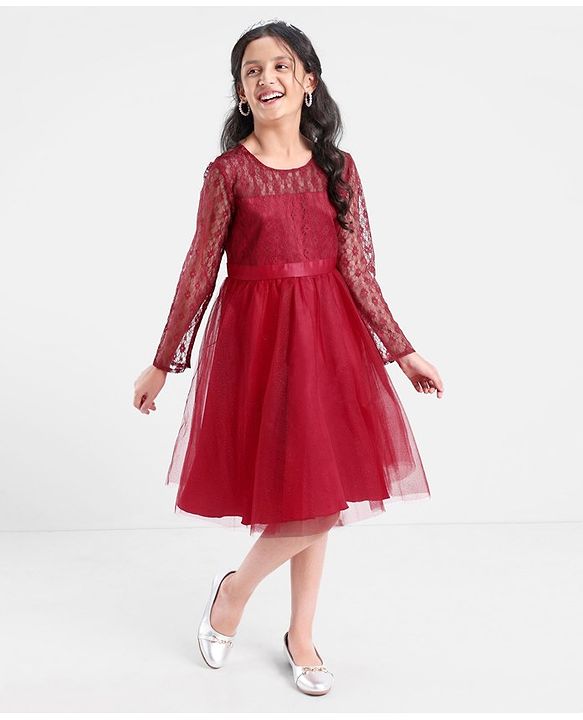 Pine Kids Full Sleeves Glittered Knee Length Party Wear Dress - Red