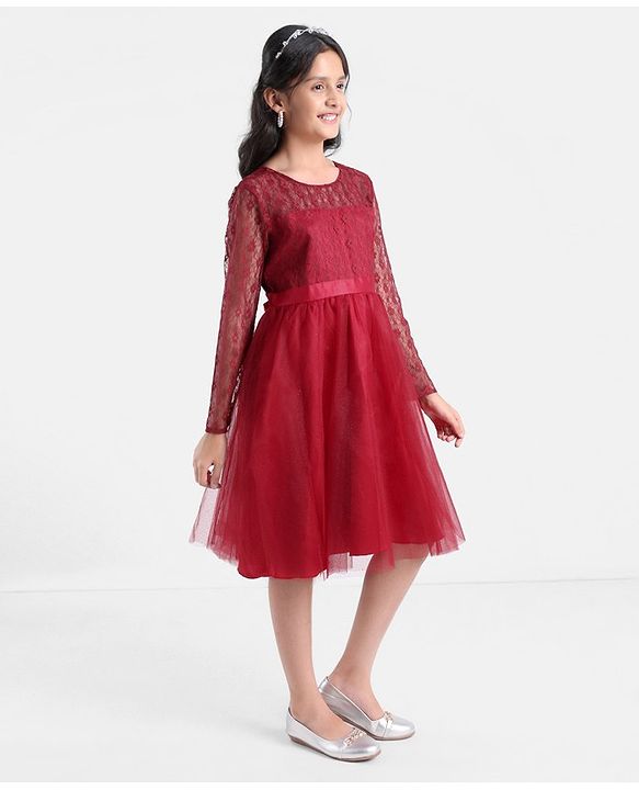 Pine Kids Full Sleeves Glittered Knee Length Party Wear Dress - Red