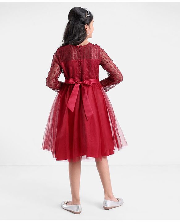 Pine Kids Full Sleeves Glittered Knee Length Party Wear Dress - Red