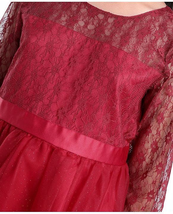 Pine Kids Full Sleeves Glittered Knee Length Party Wear Dress - Red