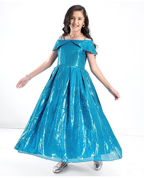 Pine Kids Cold Shoulder Sleeves Sequined Floor Length Party Gown - Frozen Blue