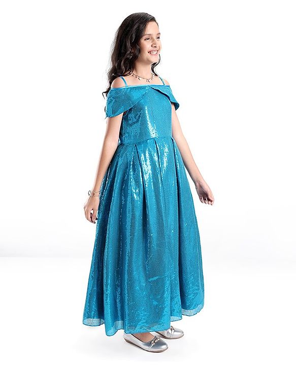 Pine Kids Cold Shoulder Sleeves Sequined Floor Length Party Gown - Frozen Blue