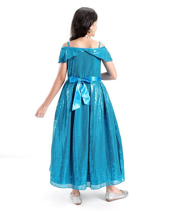 Pine Kids Cold Shoulder Sleeves Sequined Floor Length Party Gown - Frozen Blue