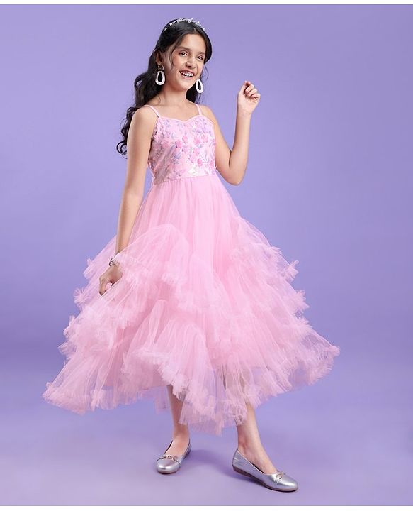 Pine Kids Sleeveless Flouncy Knee Length Party Gown With Floral Applique - Pink