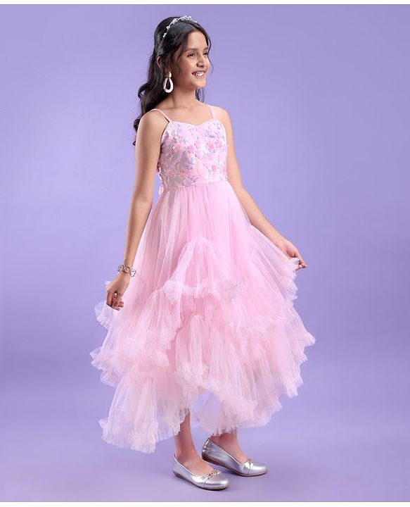 Pine Kids Sleeveless Flouncy Knee Length Party Gown With Floral Applique - Pink