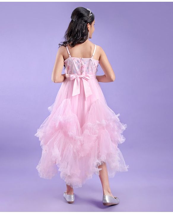 Pine Kids Sleeveless Flouncy Knee Length Party Gown With Floral Applique - Pink