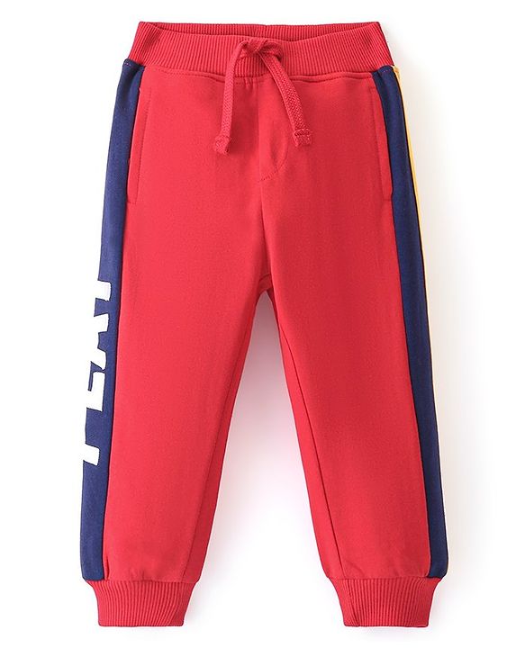 Babyhug Cotton Looper Knit Full Length Lounge Pant With Text Print - Red & Blue