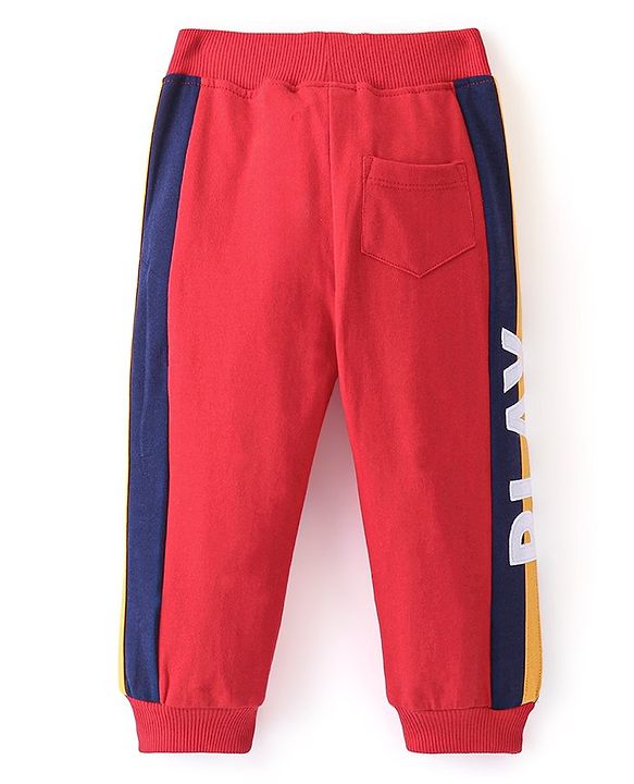 Babyhug Cotton Looper Knit Full Length Lounge Pant With Text Print - Red & Blue