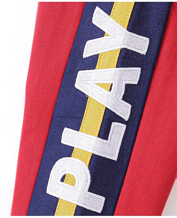 Babyhug Cotton Looper Knit Full Length Lounge Pant With Text Print - Red & Blue
