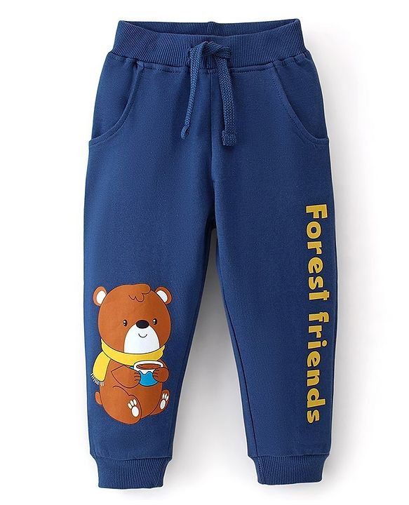 Babyhug Cotton Looper Knit Full Length Lounge Pant Bear Printed - Navy Blue