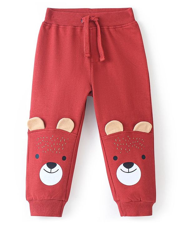 Babyhug Cotton Looper Knit Full Length Lounge Pant with Bear Print - Maroon