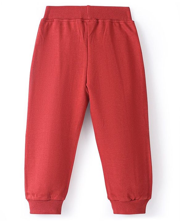 Babyhug Cotton Looper Knit Full Length Lounge Pant with Bear Print - Maroon