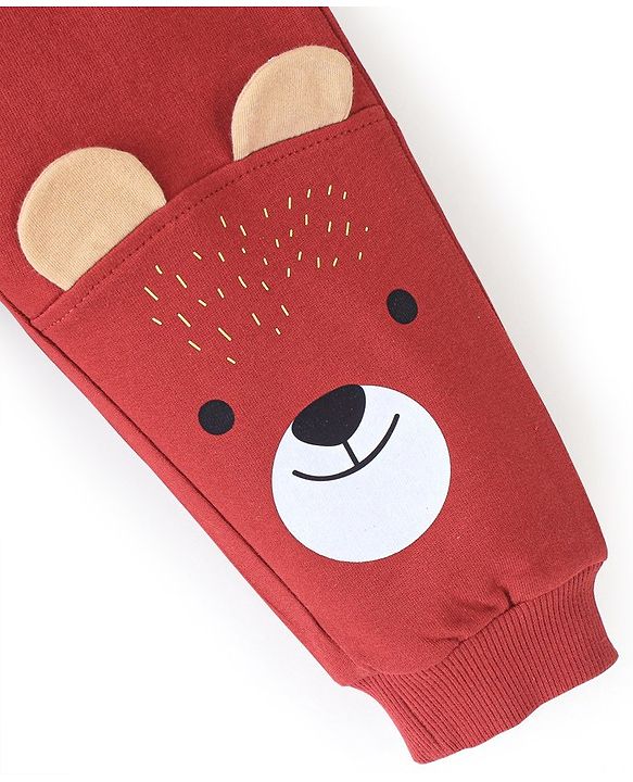 Babyhug Cotton Looper Knit Full Length Lounge Pant with Bear Print - Maroon