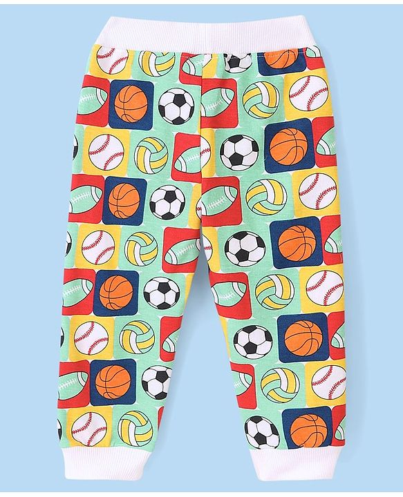 Babyhug Cotton Looper Full Length Lounge Pant With Football & Basketball Print - Green & White