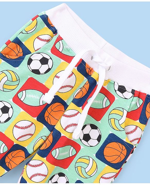 Babyhug Cotton Looper Full Length Lounge Pant With Football & Basketball Print - Green & White
