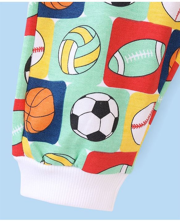 Babyhug Cotton Looper Full Length Lounge Pant With Football & Basketball Print - Green & White