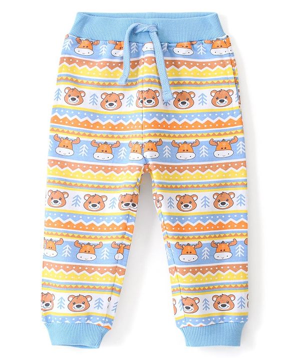 Babyhug Cotton Looper Knit Full Length Lounge Pant Bear Printed - Blue
