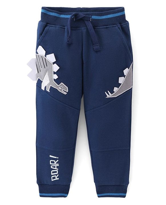 Babyhug Cotton Looper Full Length Lounge Pant With Dino Embroidery & Print - Navy Blue