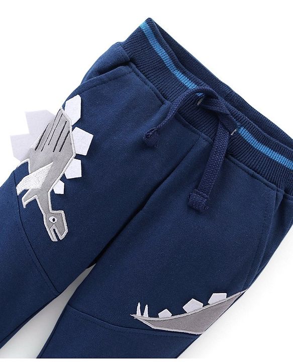 Babyhug Cotton Looper Full Length Lounge Pant With Dino Embroidery & Print - Navy Blue