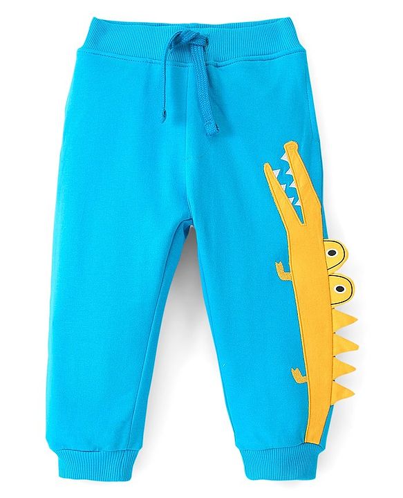 Babyhug Cotton Looper Knit Full Length Lounge Pant With Crocodile Patch- Blue