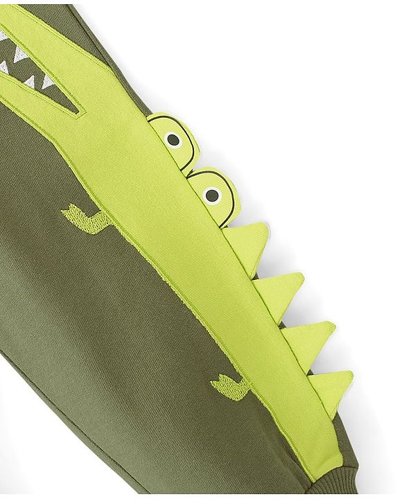 Babyhug Cotton Looper Knit Full Length Lounge Pant With Crocodile Patch- Green