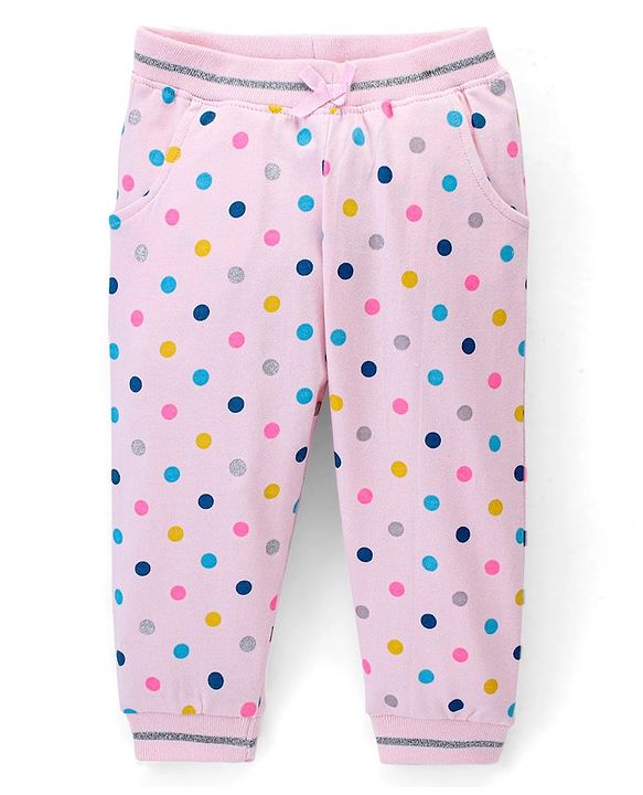 Babyhug Cotton Looper Knit Full Length Lounge Pant Polka Dots Printed - Pink