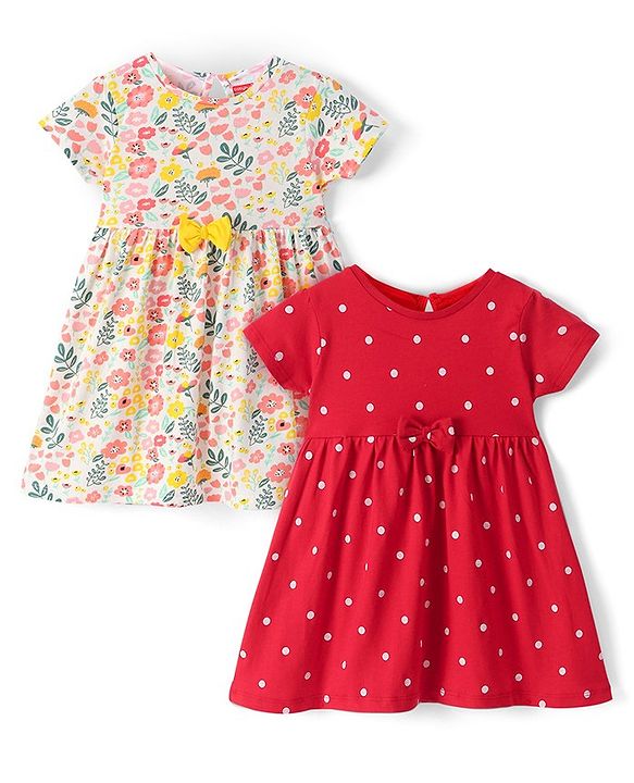 Babyhug Knit Half Sleeves Floral Printed Frocks Pack of 2 - Red & White