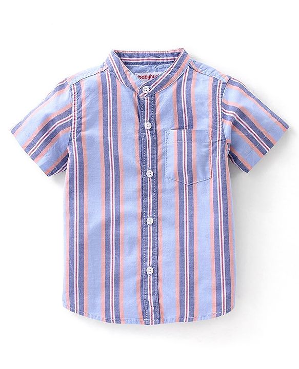 Babyhug Cotton Half Sleeves Mandarin Collared Striped Shirt - Blue