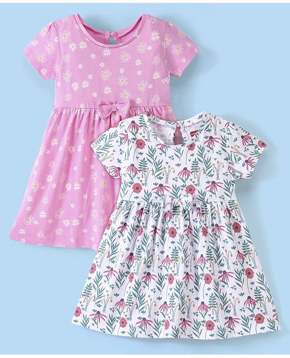 Babyhug 100% Cotton Knit Half Sleeves Frock Floral Print Pack of 2 - Pink & White