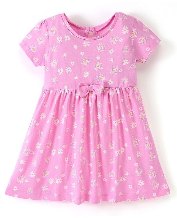 Babyhug 100% Cotton Knit Half Sleeves Frock Floral Print Pack of 2 - Pink & White