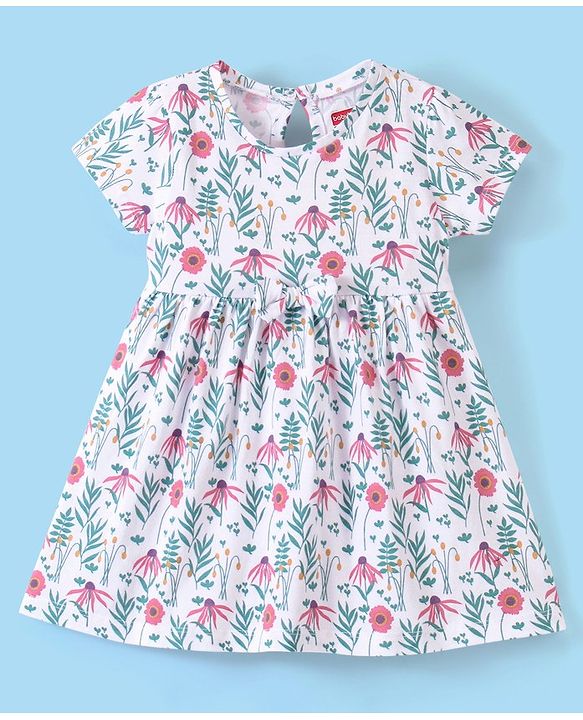 Babyhug 100% Cotton Knit Half Sleeves Frock Floral Print Pack of 2 - Pink & White