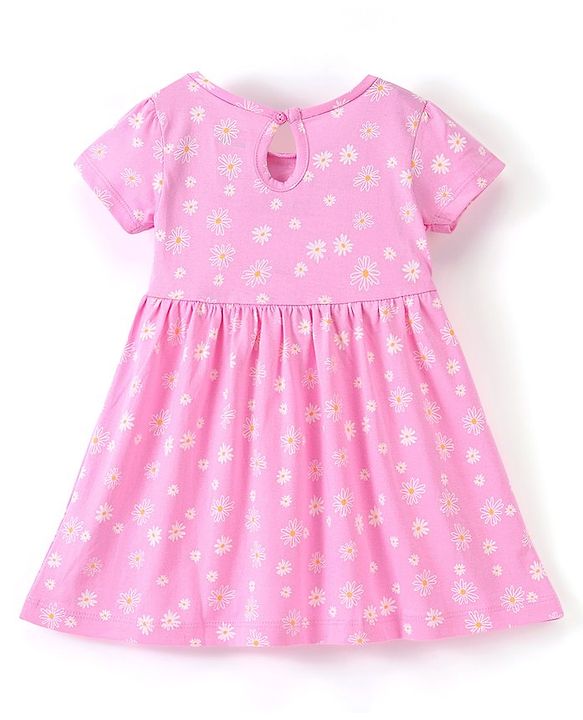 Babyhug 100% Cotton Knit Half Sleeves Frock Floral Print Pack of 2 - Pink & White