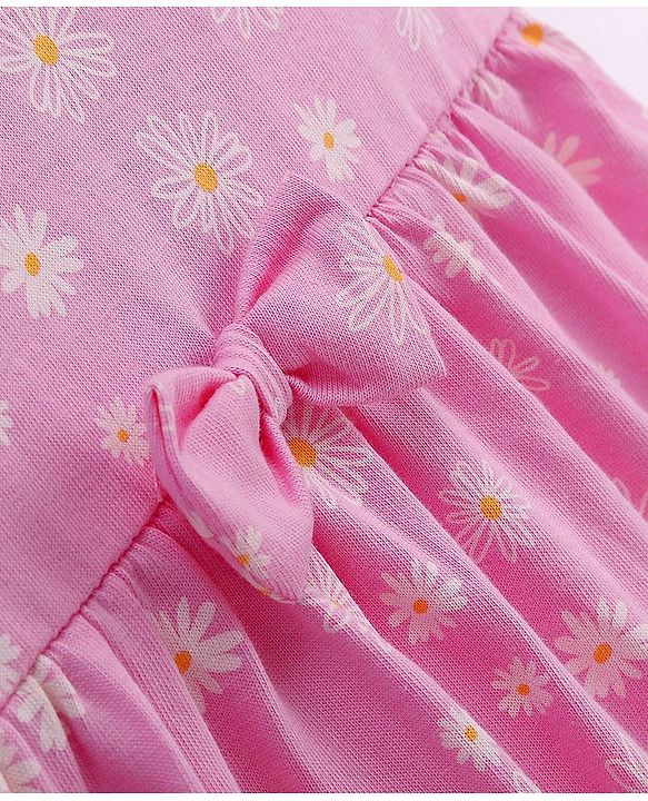 Babyhug 100% Cotton Knit Half Sleeves Frock Floral Print Pack of 2 - Pink & White