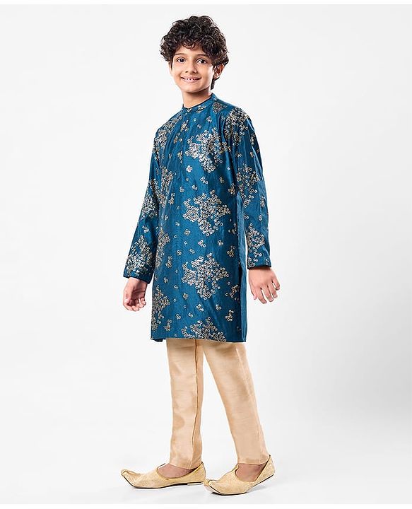 Pine Kids Full Sleeves Sequins Embroidery Kurta & Pajama Set - Blue