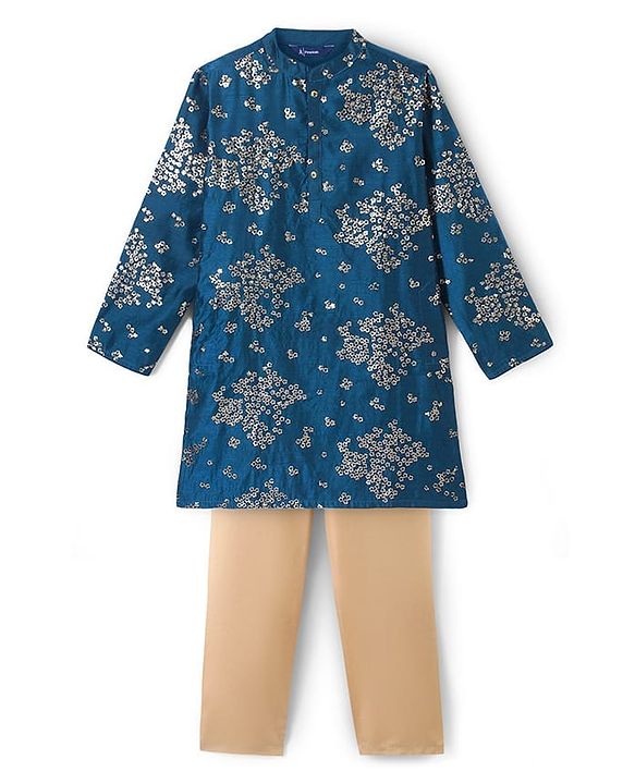Pine Kids Full Sleeves Sequins Embroidery Kurta & Pajama Set - Blue