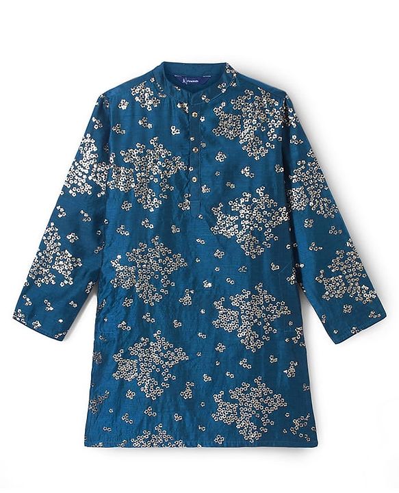 Pine Kids Full Sleeves Sequins Embroidery Kurta & Pajama Set - Blue
