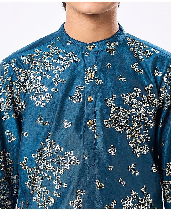 Pine Kids Full Sleeves Sequins Embroidery Kurta & Pajama Set - Blue