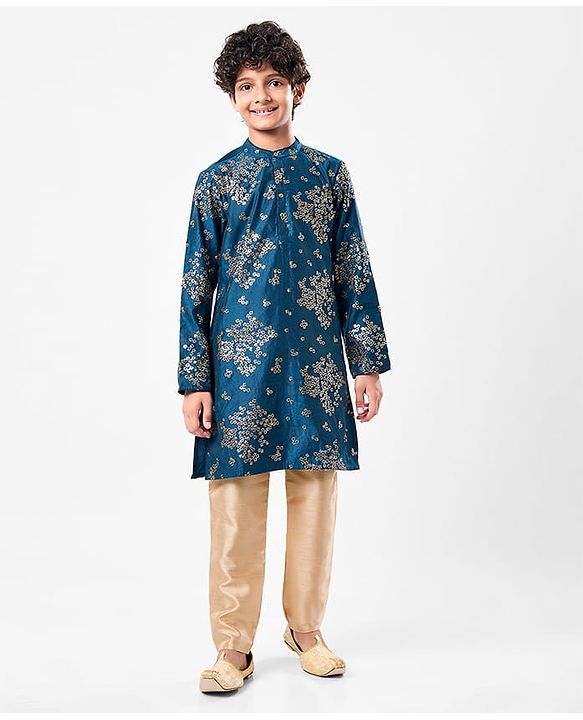 Pine Kids Full Sleeves Sequins Embroidery Kurta & Pajama Set - Blue