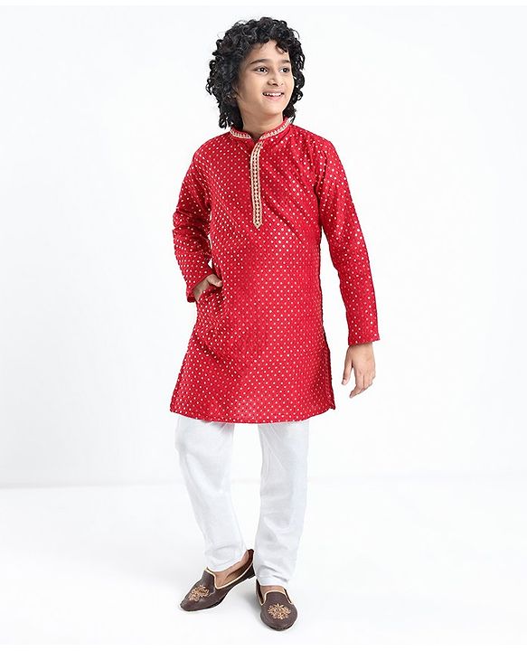 Pine Kids Full Sleeves All Over Sequined Kurta Pyjama Set - Red