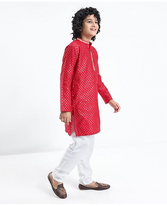 Pine Kids Full Sleeves All Over Sequined Kurta Pyjama Set - Red