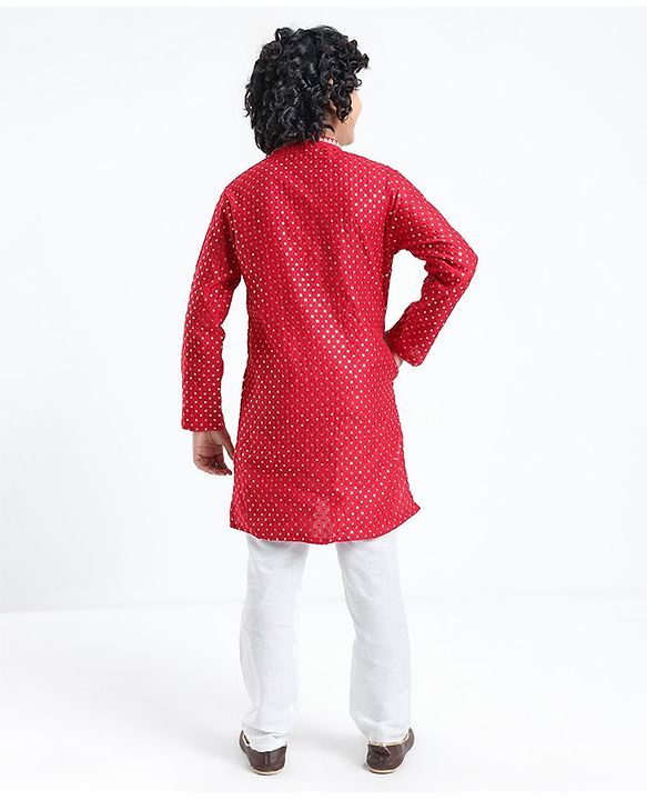 Pine Kids Full Sleeves All Over Sequined Kurta Pyjama Set - Red