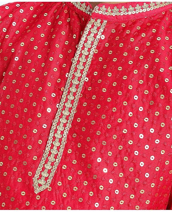 Pine Kids Full Sleeves All Over Sequined Kurta Pyjama Set - Red