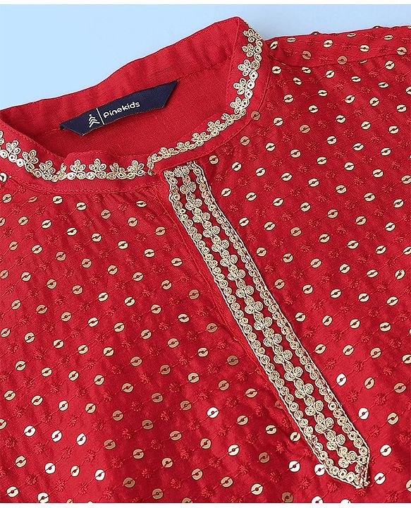 Pine Kids Full Sleeves All Over Sequined Kurta Pyjama Set - Red