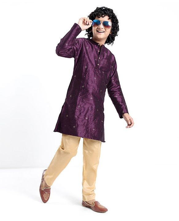 Pine Kids Foil Printed Full Sleeves Kurta Pyjama Set- Plum